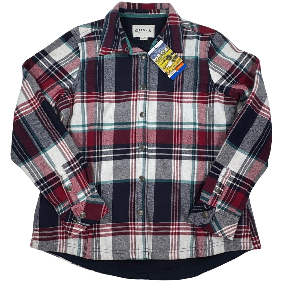 Orvis Fleece Lined Flannel Shirt Jacket Multi Check Plaid Snap Front Large